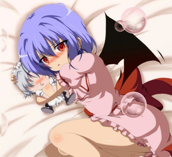 Anime picture 1400x1283 with touhou remilia scarlet izayoi sakuya dr. cryptoso blush short hair red eyes blue hair hug tears chibi o o girl skirt wings skirt set