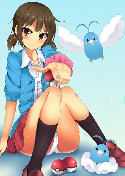 Anime picture 637x900 with pokemon pokemon (game) pokemon oras nintendo swablu yahiro (anhnw) tall image blush short hair light erotic black hair smile twintails brown eyes bent knee (knees) pleated skirt short twintails blue background pointing gen 3 pokemon