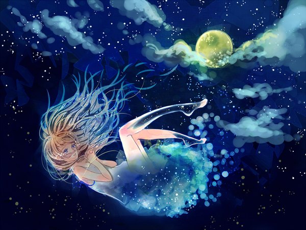 Anime picture 1000x750 with original lululu luuuuuun single long hair blush open mouth blue eyes blonde hair bare shoulders cloud (clouds) barefoot night night sky legs tears crying hands clasped weightlessness sad girl