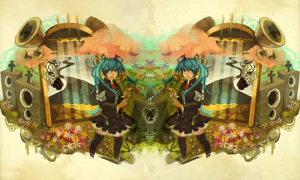 Anime picture 1455x875 with vocaloid saihate (vocaloid) hatsune miku raionart wide image girl flower (flowers)