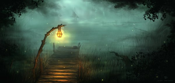 Anime picture 1280x614 with original pixelatedkiwi (artist) wide image night landscape water lantern fireflies pier
