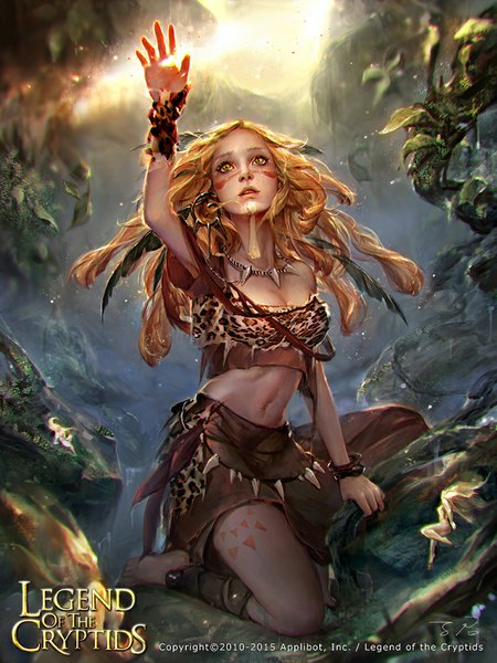 Anime picture 754x1005 with legend of the cryptids zinnadu single long hair tall image blonde hair sitting signed yellow eyes sunlight off shoulder midriff tattoo outstretched arm fantasy animal print nature fairy bodypaint leopard print