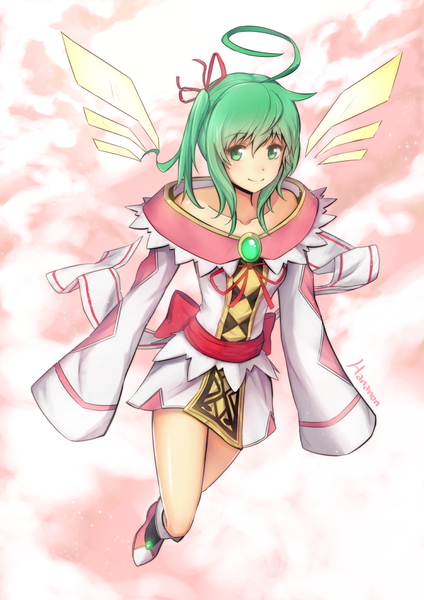 Anime picture 744x1052 with hananon single tall image looking at viewer blush fringe short hair smile green eyes ahoge green hair flying girl ribbon (ribbons) hair ribbon clothes