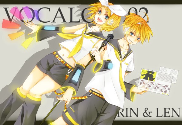 Anime picture 1260x870 with vocaloid kagamine rin kagamine len blue eyes blonde hair ahoge couple girl detached sleeves shorts headphones microphone