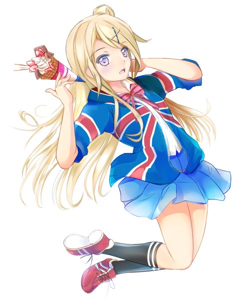 Anime picture 968x1200 with kin-iro mosaic kujou karen miyabi (miyabi) single long hair tall image looking at viewer blush open mouth blonde hair simple background white background purple eyes flag print girl skirt socks food sweets black socks