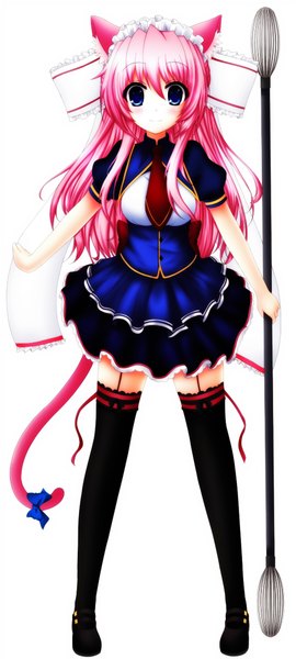 Anime picture 1800x4000 with original toyokawa itsuki (p mayuhime) single long hair tall image blush highres blue eyes simple background white background animal ears pink hair tail animal tail light smile cat ears cat girl cat tail girl thighhighs