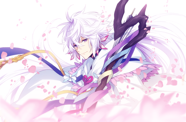 Anime picture 910x600 with fate (series) fate/grand order merlin (fate) xia (ryugo) single long hair fringe hair between eyes white background purple eyes payot looking away upper body white hair wind blurry messy hair boy ribbon (ribbons) petals