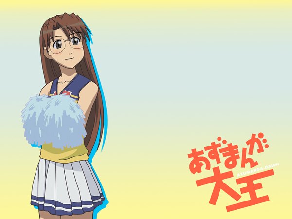 Anime picture 1024x768 with azumanga daioh j.c. staff mizuhara koyomi long hair blush brown hair bare shoulders inscription bare legs cheerleader girl glasses