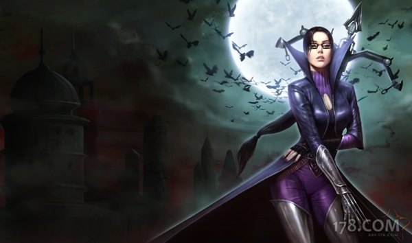 Anime picture 1215x717 with league of legends vayne (league of legends) single long hair black hair wide image girl animal glasses bird (birds) moon cloak full moon castle tower crossbow