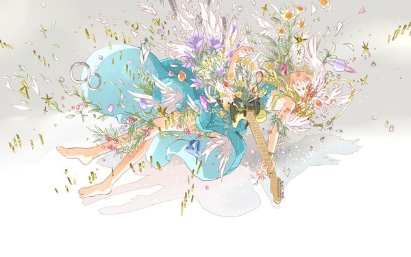 Anime picture 1680x1050 with original arakawa (aintnoroom) single open mouth wide image holding barefoot green hair falling girl dress flower (flowers) plant (plants) petals wings leaf (leaves) feather (feathers) guitar
