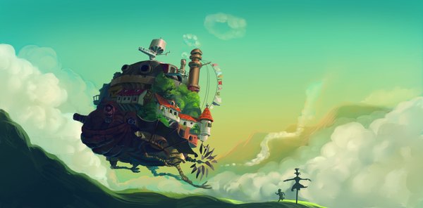 Anime picture 4691x2319 with howl's moving castle studio ghibli markl turnip head (prince justin) sendolarts highres wide image absurdres sky cloud (clouds) sunlight mountain landscape running plant (plants) building (buildings) grass child (children) monster house