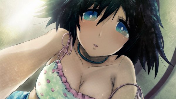 Anime picture 1280x720 with steins;gate white fox shiina mayuri huke single looking at viewer short hair breasts open mouth blue eyes light erotic black hair wide image bare shoulders aqua eyes wallpaper