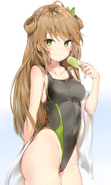 Anime picture 950x1583 with girls frontline rfb (girls frontline) silver (chenwen) single long hair tall image looking at viewer blush fringe breasts light erotic simple background smile brown hair white background holding green eyes ahoge off shoulder two side up