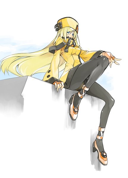Anime picture 907x1261 with guilty gear guilty gear xrd millia rage 10mo single tall image blue eyes simple background blonde hair white background sky cloud (clouds) long sleeves very long hair girl pantyhose headdress