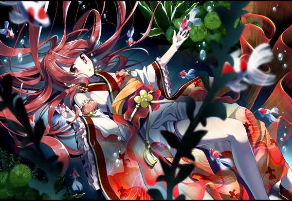 Anime picture 1680x1160 with original sakuragi ren single long hair looking at viewer red eyes red hair lying traditional clothes japanese clothes on back pale skin underwater girl plant (plants) animal water frills obi bubble (bubbles)