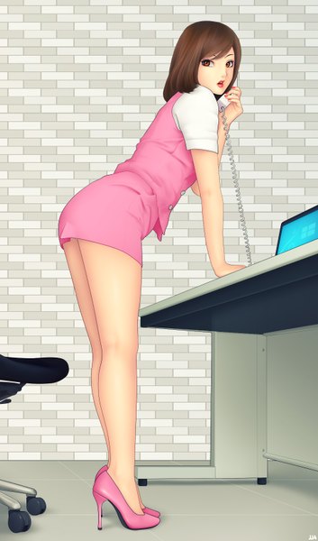 Anime picture 964x1634 with original khalitzburg single long hair tall image black hair looking away orange eyes legs girl phone