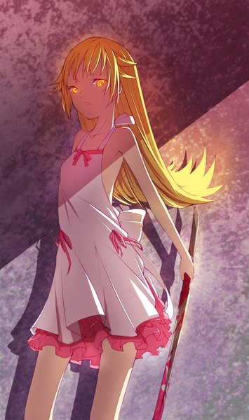 Anime picture 1339x2265 with bakemonogatari shaft (studio) monogatari (series) oshino shinobu azling single long hair tall image looking at viewer blonde hair yellow eyes loli girl dress weapon sword katana blood sundress