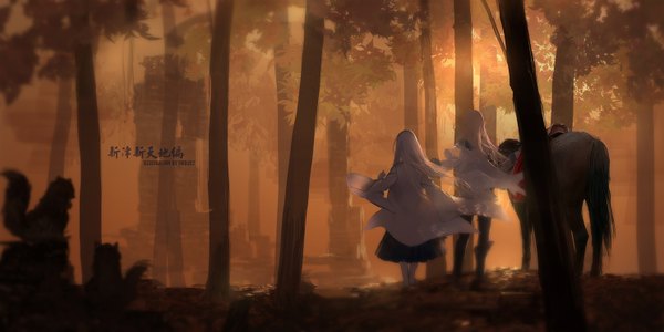 Anime picture 1488x744 with original pixiv fantasia pixiv fantasia t swd3e2 long hair wide image standing multiple girls evening sunset nature girl dress 2 girls plant (plants) animal tree (trees) cape forest horse