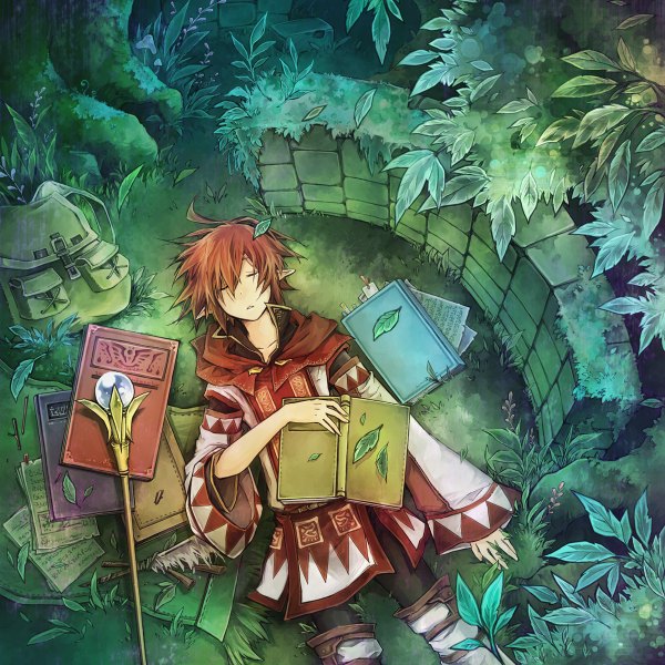 Anime picture 1200x1200 with final fantasy final fantasy xi square enix white mage elvaan fujiwara akina single lying pointy ears elf sleeping nature plant (plants) tree (trees) book (books) leaf (leaves) bag staff forest backpack