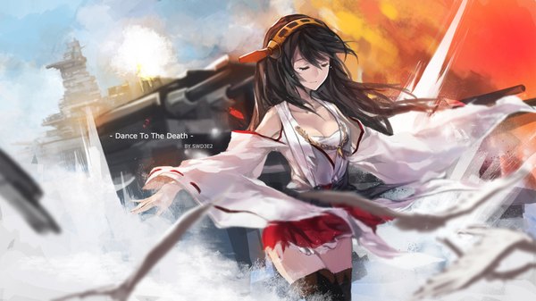Anime picture 1985x1117 with kantai collection haruna battleship swd3e2 single long hair highres wide image traditional clothes japanese clothes grey hair inscription girl thighhighs skirt weapon black thighhighs miniskirt water hairband sea