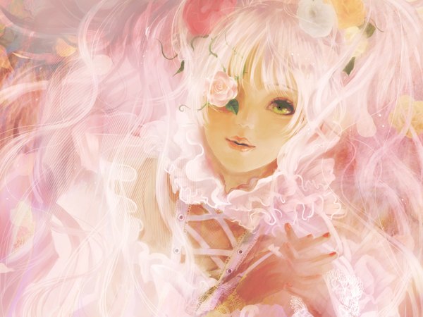 Anime picture 1024x768 with rozen maiden kirakishou 8981 long hair yellow eyes pink hair flower over eye dress flower (flowers) frills rose (roses) eyepatch