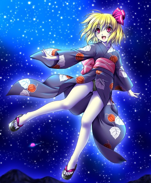 Anime picture 1651x2000 with touhou rumia nonbe single tall image short hair open mouth light erotic blonde hair red eyes japanese clothes night pantyshot girl kimono obi ufo