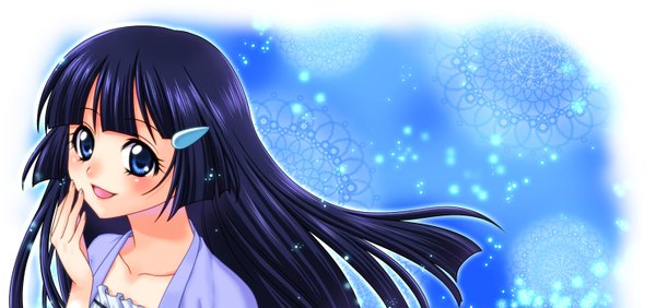 Anime picture 1485x700 with precure smile precure! toei animation aoki reika zanshi long hair blush open mouth blue eyes black hair wide image girl hair ornament hairclip