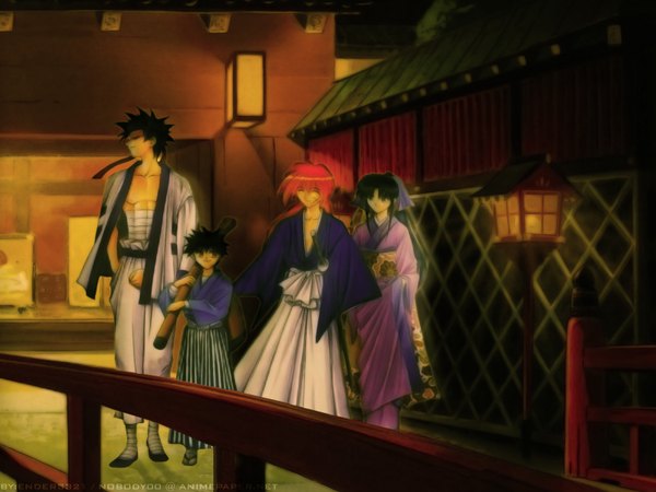Anime picture 1600x1200 with rurouni kenshin himura kenshin kamiya kaoru sanosuke sagara myoujin yahiko kenshing