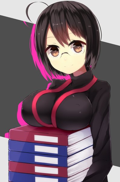 Anime picture 1000x1510 with servant x service yamagami lucy feppei single tall image looking at viewer short hair breasts light erotic black hair simple background large breasts brown eyes light smile girl glasses book (books) sweater