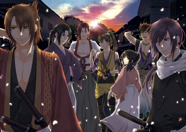 Anime picture 1407x1000 with hakuouki shinsengumi kitan studio deen saito hajime okita souji (hakuouki) chizuru yukimura sanosuke harada toudou heisuke ao (pixiv 1847102) long hair black hair smile brown hair purple eyes brown eyes green eyes ponytail traditional clothes japanese clothes sunlight group