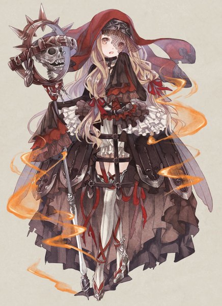 Anime picture 835x1149 with sinoalice little red riding hood (sinoalice) oro ponzu single long hair tall image looking at viewer open mouth blonde hair simple background standing holding yellow eyes full body wide sleeves :o high heels two side up sleeves past wrists crossed legs (standing)