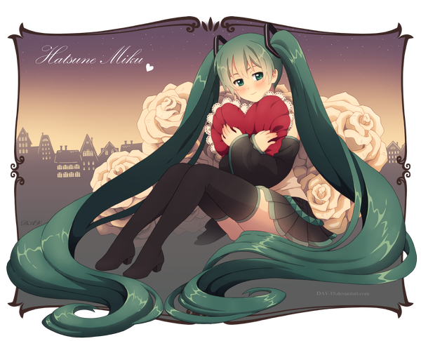 Anime picture 1072x870 with vocaloid hatsune miku dav (artist) single looking at viewer blush smile sitting twintails very long hair aqua eyes aqua hair inscription legs character names city crossed arms framed girl skirt