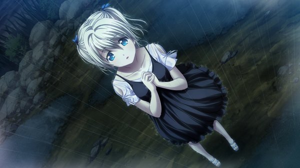 Anime picture 1280x720 with hatsukoi sacrament hikari (hatsukoi sacrament) single looking at viewer fringe short hair blue eyes blonde hair hair between eyes wide image standing twintails game cg full body outdoors parted lips from above dutch angle short twintails rain