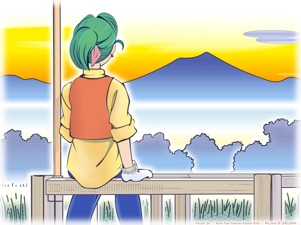 Anime picture 1600x1200 with yokohama kaidashi kikou hatsuseno alpha single short hair sitting ponytail green hair from behind mountain vector twisty sleeves twilight girl gloves earrings jacket white gloves bench