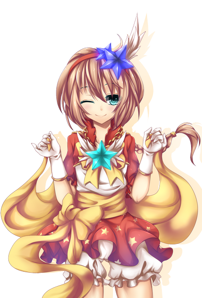Anime picture 1200x1765 with fi-san single tall image blush short hair blue eyes smile brown hair one eye closed wink single braid transparent background magical girl girl dress gloves hair ornament knickers
