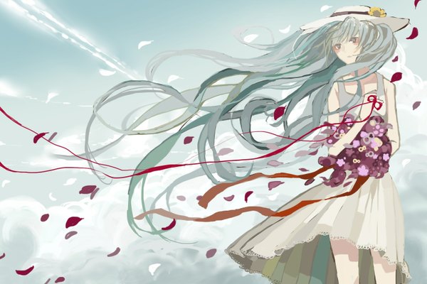 Anime picture 1440x960 with vocaloid hatsune miku kurohal single long hair standing twintails sky cloud (clouds) green hair wind aqua hair grey eyes girl dress flower (flowers) ribbon (ribbons) hat petals bouquet