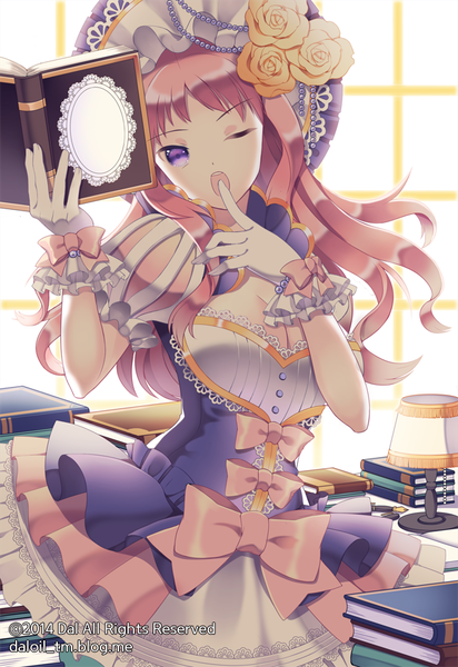 Anime picture 620x902 with original dal (daloil tm) single long hair tall image looking at viewer open mouth purple eyes pink hair one eye closed wink girl dress gloves bow frills white gloves book (books) bonnet