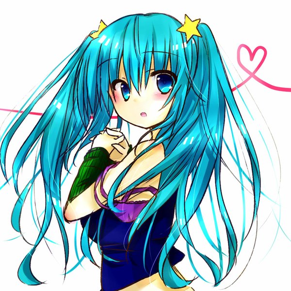 Anime picture 1000x1000 with league of legends sona buvelle arcade sona (league of legends) karameru kinoko single long hair blush blue eyes simple background white background twintails bare shoulders blue hair looking back heart of string girl hair ornament heart star hair ornament