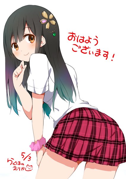Anime picture 724x1024 with original ragho no erika single long hair tall image looking at viewer blush fringe simple background smile hair between eyes standing white background signed pleated skirt looking back multicolored hair green hair inscription short sleeves
