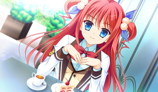 Anime picture 1024x600 with prestar long hair looking at viewer blue eyes smile wide image twintails game cg red hair short twintails girl uniform bow hair bow school uniform sweets bowtie cake