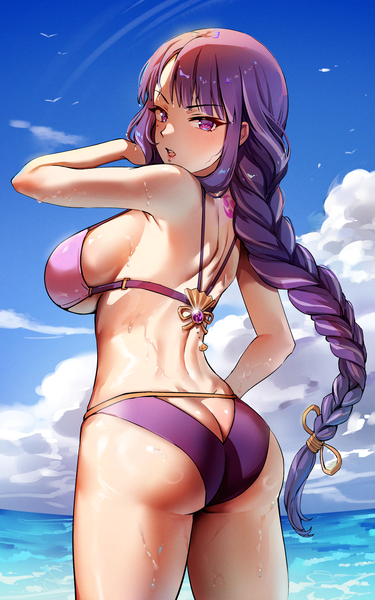 Anime picture 2500x4000 with genshin impact raiden shogun foxyrain single long hair tall image looking at viewer blush fringe highres breasts open mouth light erotic large breasts standing purple eyes payot sky purple hair cloud (clouds)
