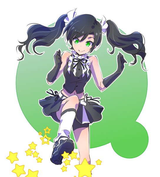 Anime picture 1632x1800 with rwby rooster teeth neopolitan (rwby) iesupa single tall image fringe black hair simple background smile white background twintails green eyes bent knee (knees) midriff sleeveless alternate hairstyle green background outline alternate hair color