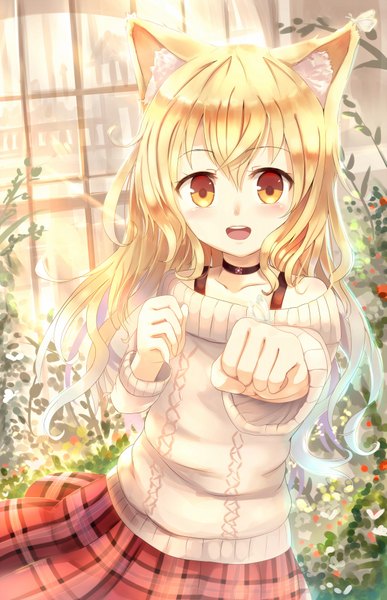 Anime picture 1291x2000 with original sakura ani single long hair tall image looking at viewer blush open mouth blonde hair animal ears orange eyes girl skirt plant (plants) miniskirt sweater