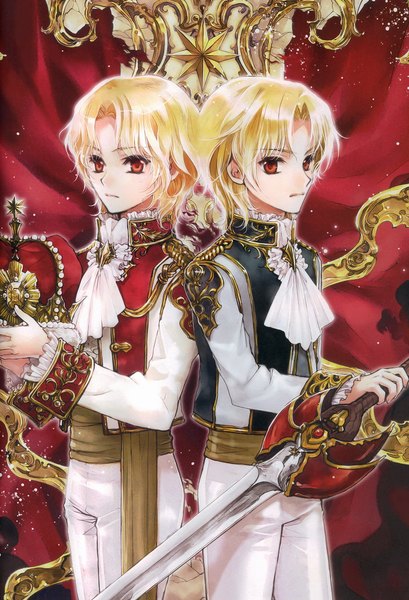 Anime picture 1364x2000 with kuramoto kaya tall image short hair blonde hair red eyes multiple boys back to back boy weapon sword choker 2 boys suit crown neckerchief