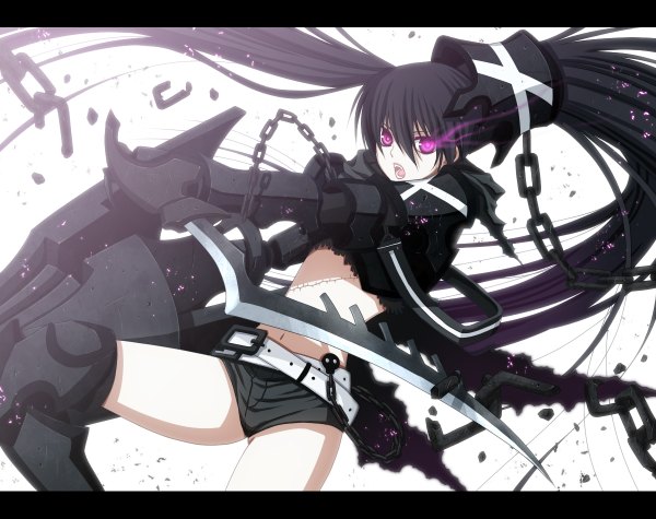 Anime picture 1200x950 with black rock shooter insane black rock shooter long hair open mouth black hair twintails very long hair pink eyes teeth fang (fangs) glowing scar glowing eye (eyes) girl navel weapon sword shorts boots belt