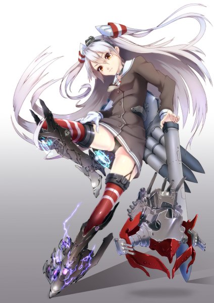 Anime picture 918x1300 with kantai collection amatsukaze destroyer rensouhou-kun big.g tall image looking at viewer light erotic simple background brown eyes silver hair very long hair two side up pantyshot girl thighhighs dress hair ornament underwear panties hat