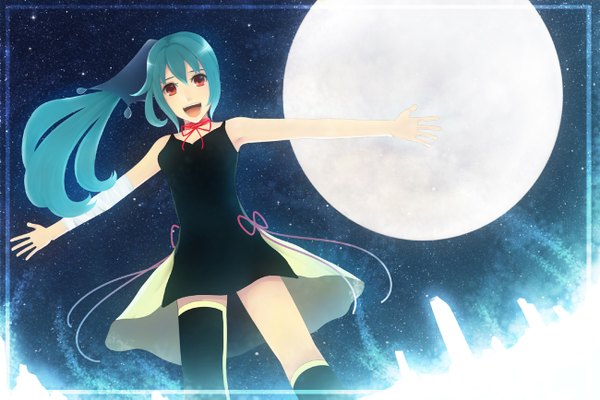 Anime picture 1300x867 with bounin single long hair open mouth red eyes bare shoulders green hair night sky girl moon star (stars) sundress