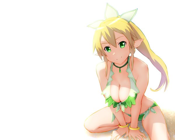 Anime picture 1375x1100 with sword art online a-1 pictures leafa ueyama michirou long hair looking at viewer breasts light erotic blonde hair simple background smile large breasts white background green eyes pointy ears elf girl swimsuit bikini bracelet