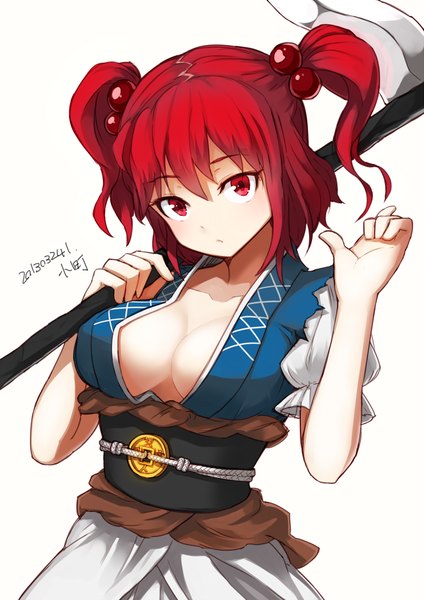 Anime picture 800x1131 with touhou onozuka komachi nosuku single tall image looking at viewer short hair light erotic simple background red eyes white background signed cleavage red hair two side up pointing weapon over shoulder girl weapon scythe