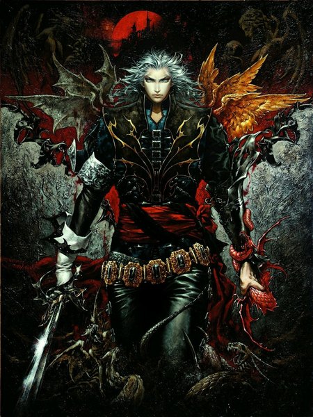 Anime picture 850x1134 with castlevania castlevania: curse of darkness konami hector kojima ayami single long hair tall image looking at viewer short hair blonde hair standing bat wings vampire angel demon red moon boy gloves weapon